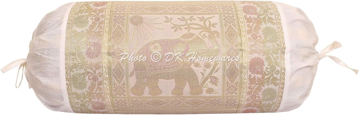Ethnic Jacquard Brocade Silk Bolster Yoga Rectangle Pillow Cover Elephant White Tube Living Room Decorative Cylindrical Hotdog Traditional Throw Pillowcase 76x38 cm - Set of 2 Pcs