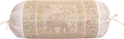 Ethnic Jacquard Brocade Silk Bolster Yoga Rectangle Pillow Cover Elephant White Tube Living Room Decorative Cylindrical Hotdog Traditional Throw Pillowcase 76x38 cm - Set of 2 Pcs