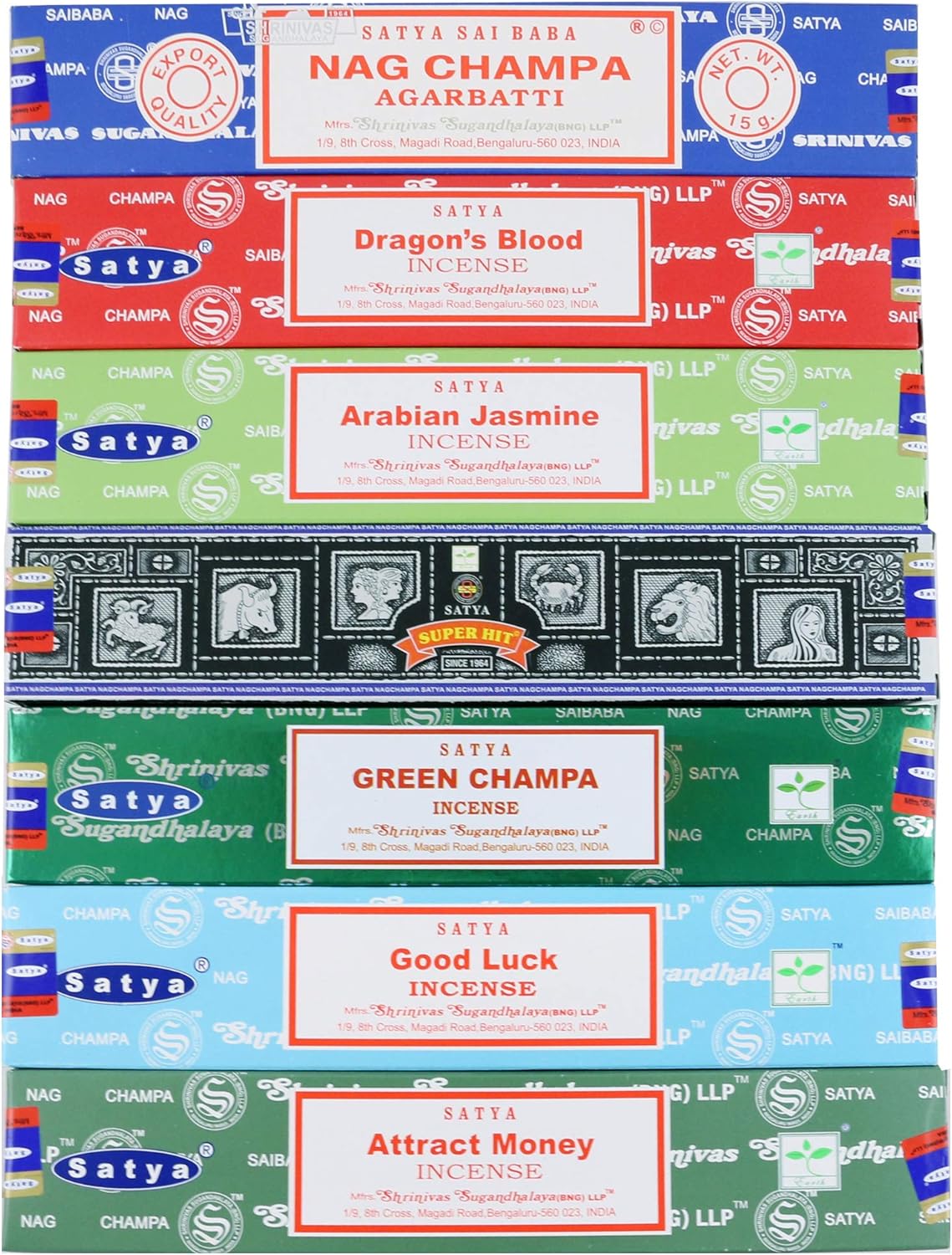 Satya Incense Gift Set Nag Champa, Super hit, Dragon's Blood, Sandalwood, Patchouli, Lavender, Positive Vibes, 15 g