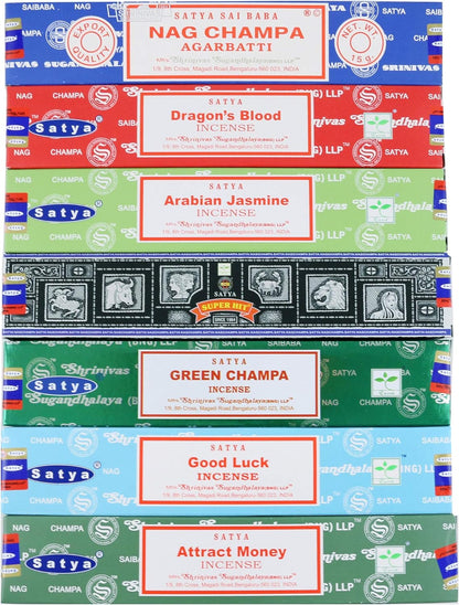Satya Incense Gift Set Nag Champa, Super hit, Dragon's Blood, Sandalwood, Patchouli, Lavender, Positive Vibes, 15 g