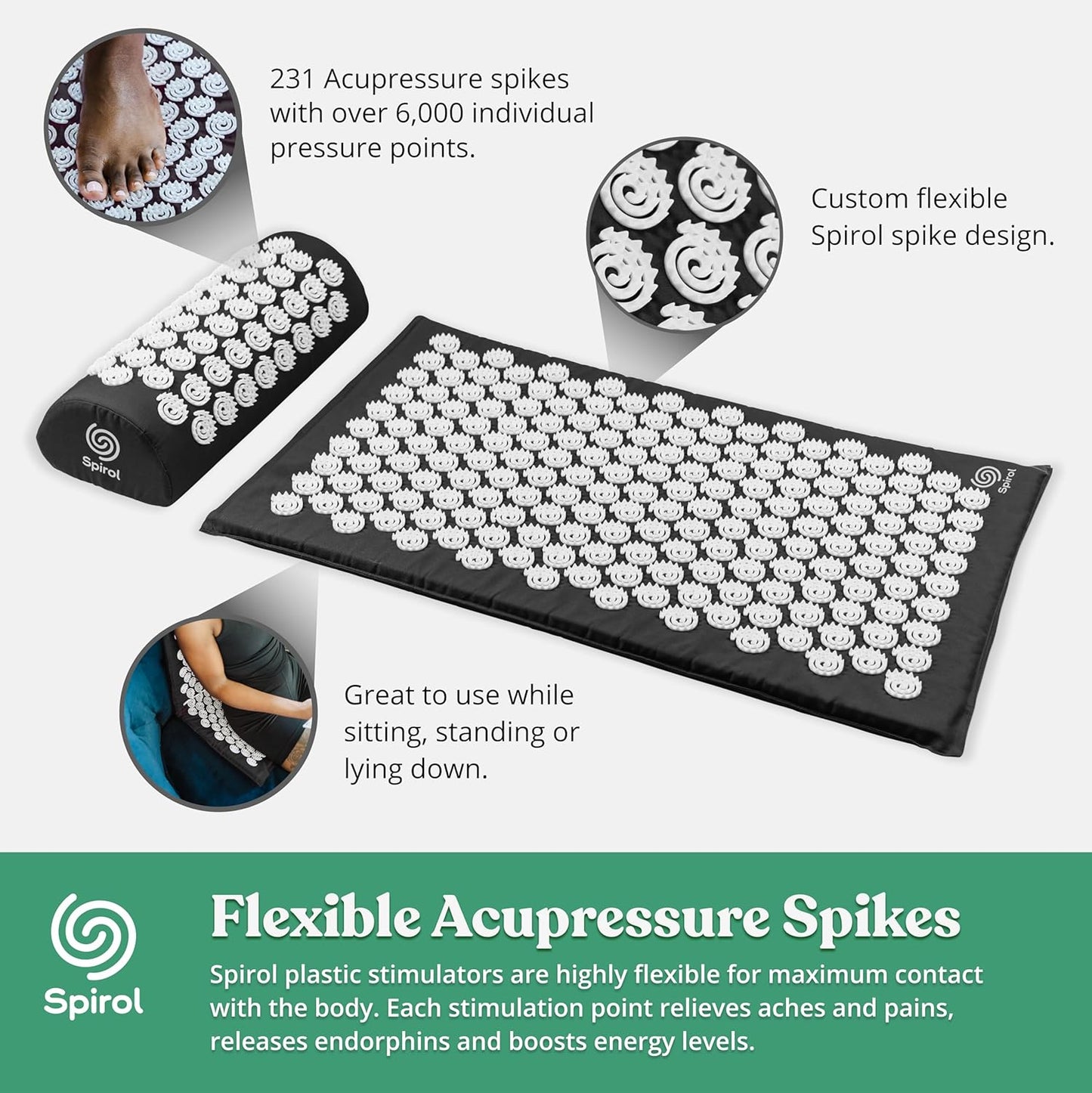 Spirol Acupressure Mat and Pillow Set for Back, Neck and Shoulder Pain Relief, with Flexible Acupressure Spikes, Includes Carry Bag (Amethyst)