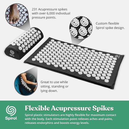 Spirol Acupressure Mat and Pillow Set for Back, Neck and Shoulder Pain Relief, with Flexible Acupressure Spikes, Includes Carry Bag (Amethyst)