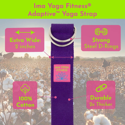 Adaptive Yoga Strap, Stretching Strap, 2 Inches Wide, 100% Naturally Soft Cotton, Steel D-Rings, Includes Natural Cotton Drawstring Storage Pouch and Instructional E-Book