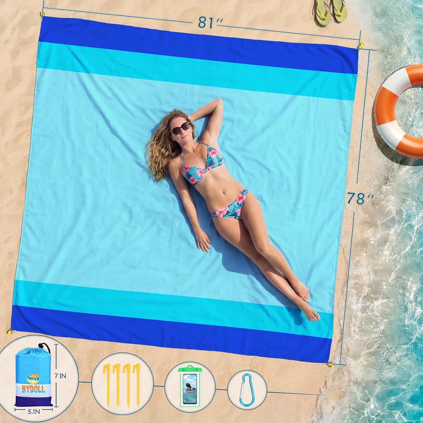 BYDOLL Beach Blanket Waterproof Sandproof Large Sand Free,78''X81''/10'X9' Oversized Sandless Lightweight Blanket Picnic Mat for Beach Travel Camping Hiking with Stakes
