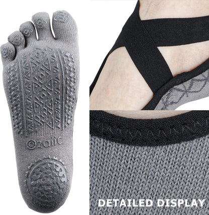 Ozaiic Yoga Socks for Women with Grips, Non-Slip Five Toe Socks for Pilates, Barre, Ballet, Fitness