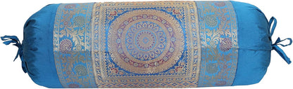 Ethnic Jacquard Brocade Silk Bolster Cushion Covers Cylindrical Hotdog Blue Yoga Massand Living Room Decorative Mandala Traditional Throw Pillowcase 76x38 cm - Set of 2 Pcs