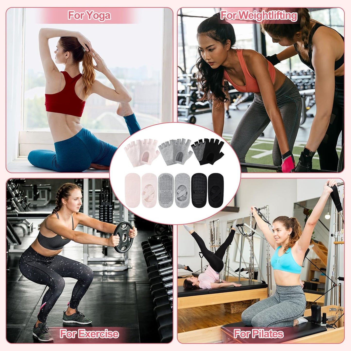 Shihanee 6 Pairs Non Slip Pilates Yoga Gloves Socks with Grip for Women Silicone Dot Grip Fingerless Gloves Socks Pilates Accessories for Ballet Barre Dance Fitness Winter Gifts
