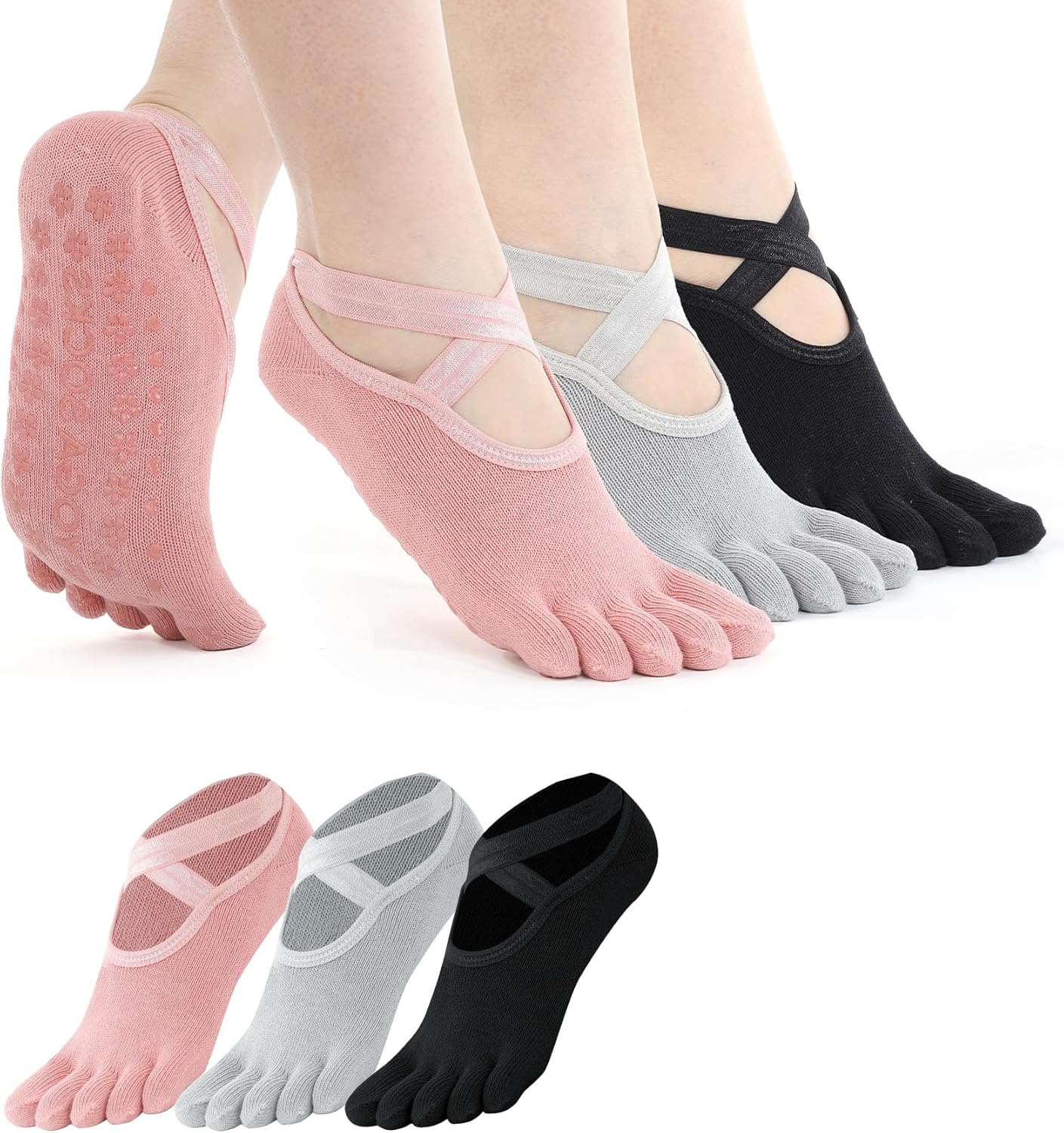 Pilates Toe Socks, Yoga Toe Socks, 3 Pairs of Non-slip Sticky Pilates Sock with Toes Separated for Women, Ballet, Dance, Barefoot (Multi-colored)