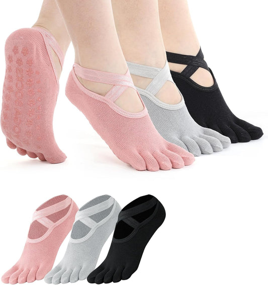 Pilates Toe Socks, Yoga Toe Socks, 3 Pairs of Non-slip Sticky Pilates Sock with Toes Separated for Women, Ballet, Dance, Barefoot (Multi-colored)