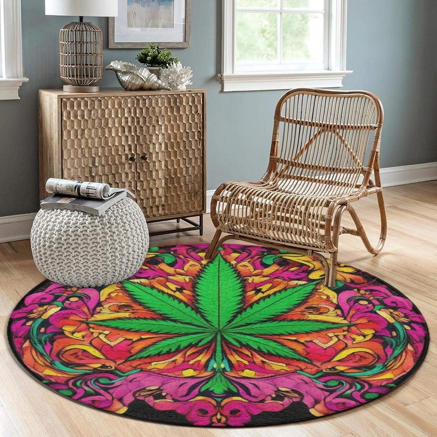 Machine Washable Modern Round Area Rug, Room Sofa Yoga Soft Round Carpet, Home Decor Non Slip Kitchen Office Circle Rug Union Jack Flag UK Mandala Art, 60inch