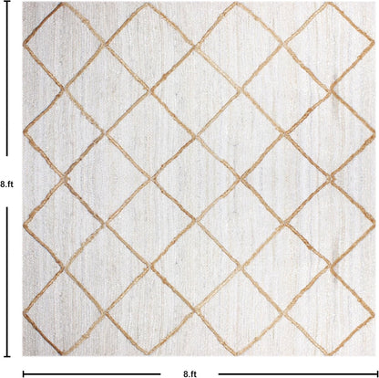 Scalloped Edge Kilim Rug 3' Square Rug Beige & Multicolor Cape Cod Design Carpet Thick 0.27 inches Hand Braided Jute Flatweave Indoor Outdoor Use Rugs for Bedroom, Kitche, Yoga Mat