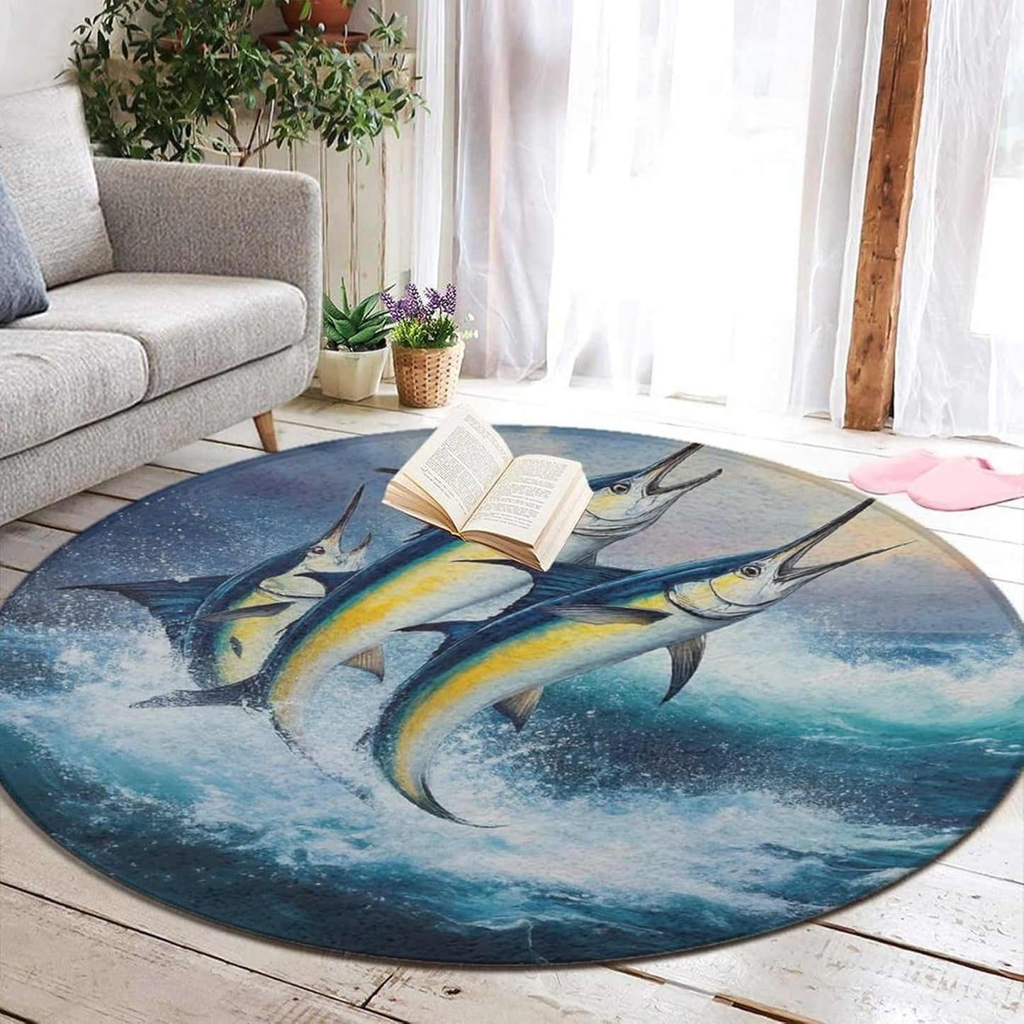 Room Sofa Yoga Soft Round Carpet, Home Decor Non Slip Kitchen Office Circle Rug, Machine Washable Modern Round Area Rug Beach Turtles, 60inch