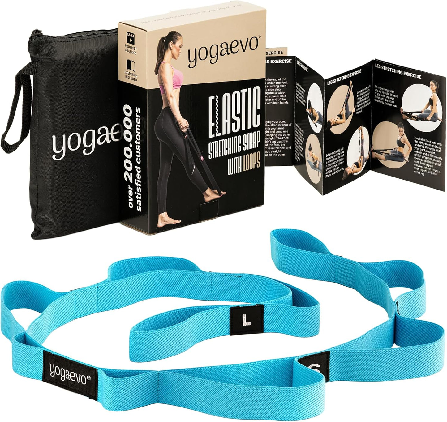 YOGA-EVO Elastic Stretching Strap with Loops for Physical Therapy - Stretch & Activate Muscles - Increase Mobility & Recovery - Soft Cotton & Spandex - Includes Carrying Pouch & Video Exercises
