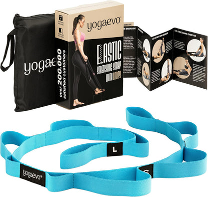YOGA-EVO Elastic Stretching Strap with Loops for Physical Therapy - Stretch & Activate Muscles - Increase Mobility & Recovery - Soft Cotton & Spandex - Includes Carrying Pouch & Video Exercises