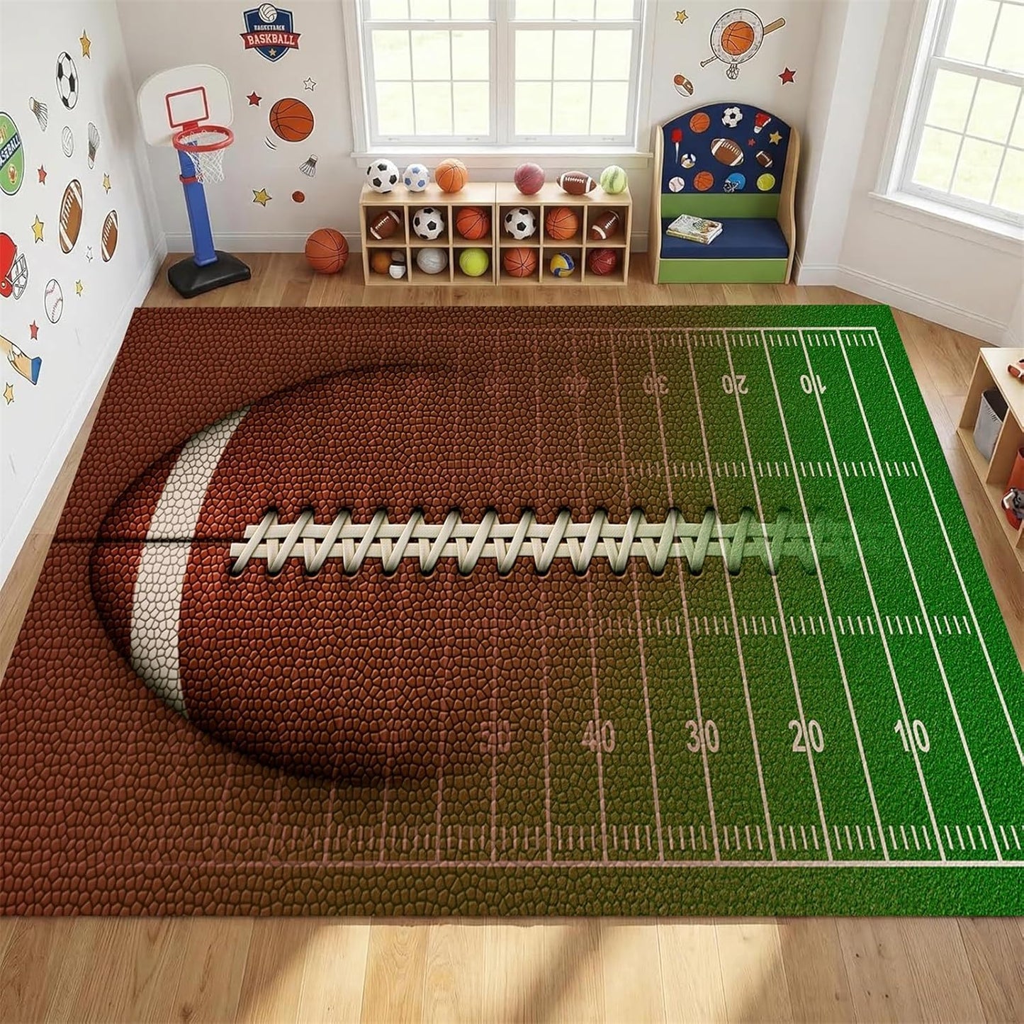 Sports Field Area Rug,5x7ft, Soccer Field Chalked Blackboard Football Stadium Board Painted Non-Slip Soft Carpet Floor Mat Indoor Living Room Bedroom Rugs Yoga Mat Home Decor