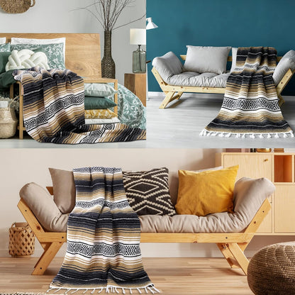 Oudain Mexican Blanket Woven Authentic Cotton Falsa Throw 45 x 70 Inch – Authentic Baja Serape Saddle Blanket Outdoor for Restorative Yoga, Beach, Picnic, Couch, Car Travel(Coastal Calm)