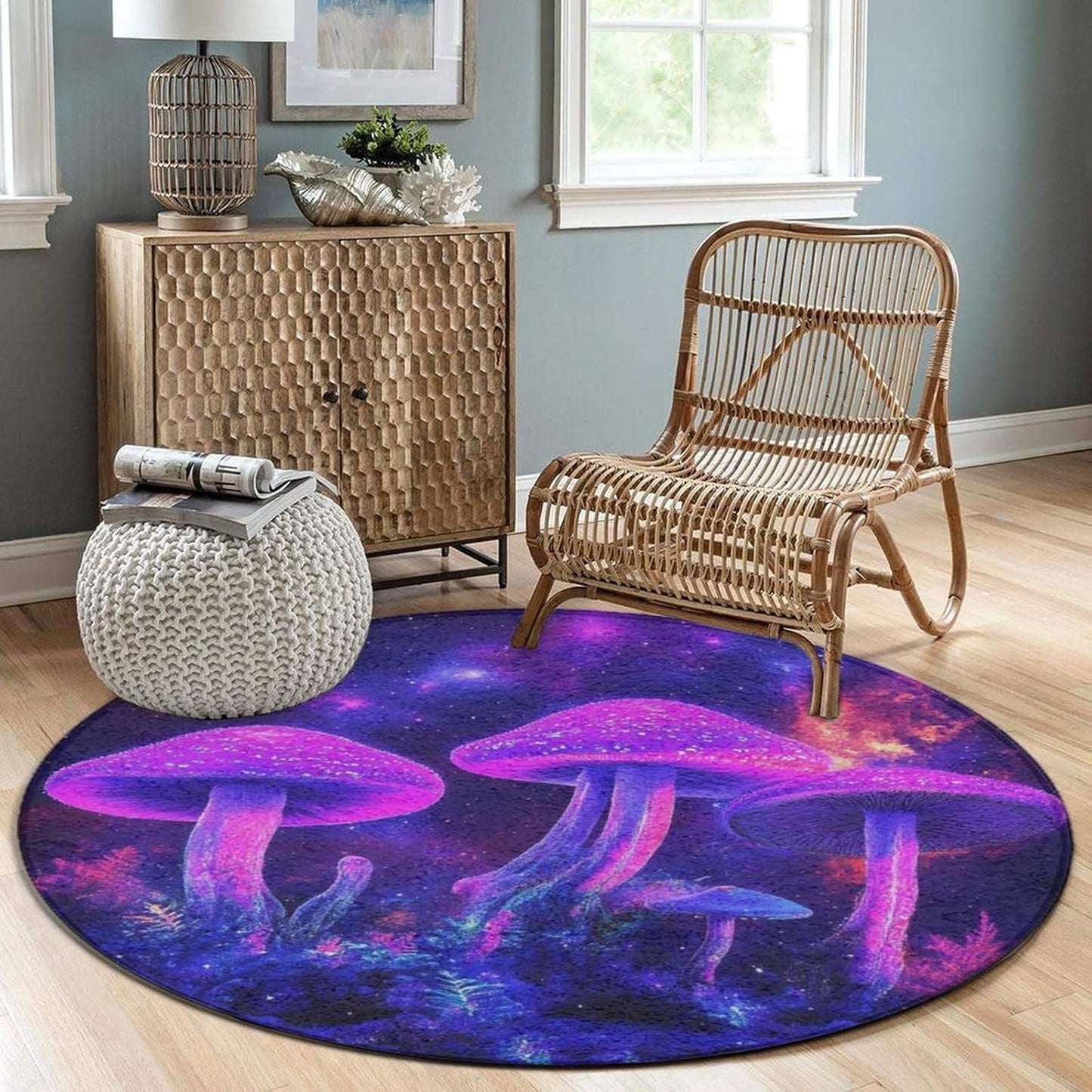 Machine Washable Modern Round Area Rug, Room Sofa Yoga Soft Round Carpet, Home Decor Non Slip Kitchen Office Circle Rug Trippy Rainbow Mushroom Tie Dye Art, 60inch