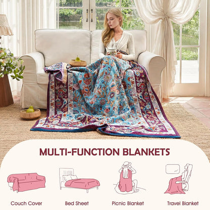 Boho Throw Blanket - 100% Cotton Soft Summer Throw Blanket for Bed, 50"x60" Reversible Breathable Lightweight Blankets, All Seasons Farmhouse Decor Floral Plant Butterfly Throw Quilt