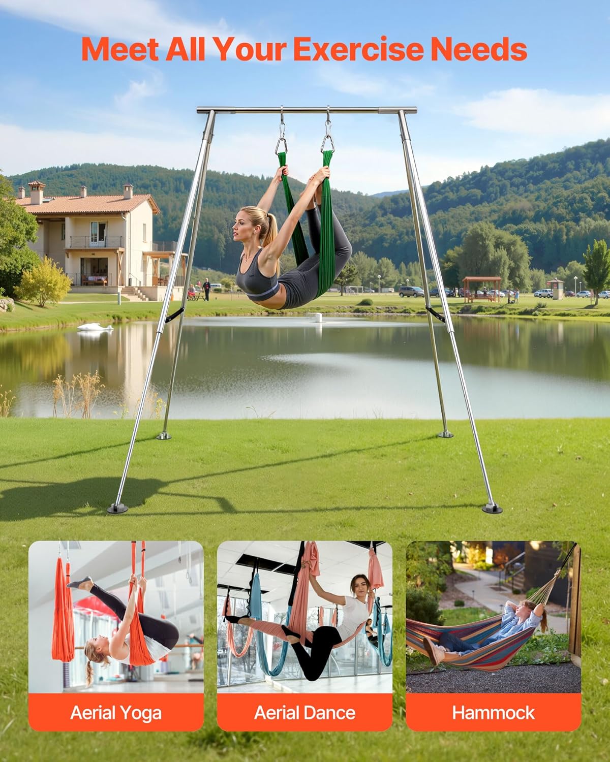 VEVOR Yoga Stand Frame, Max 441-551 lbs Load Swing Stand, Triangular Structure Aerial Rig, Aerial Silk Stands with Yoga Hammock, Standard & Height-Adjustable Version