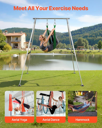VEVOR Yoga Stand Frame, Max 441-551 lbs Load Swing Stand, Triangular Structure Aerial Rig, Aerial Silk Stands with Yoga Hammock, Standard & Height-Adjustable Version
