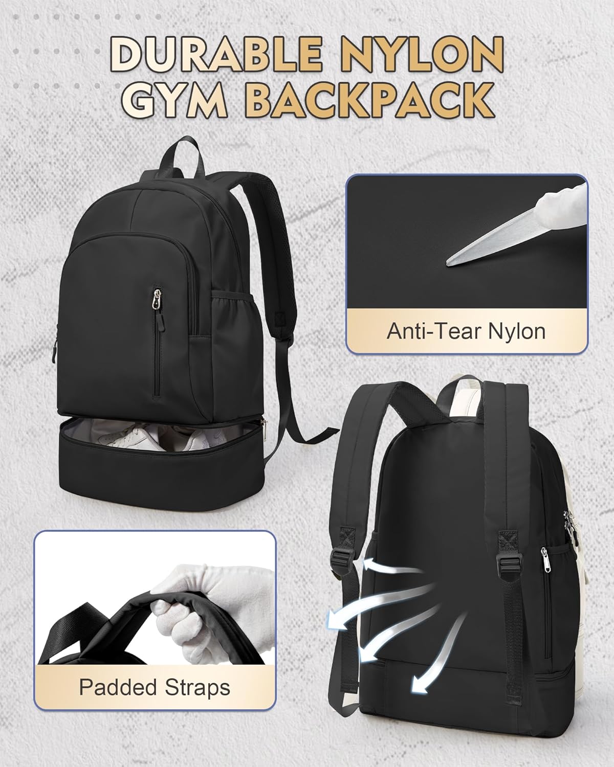 Gym Backpack for Women Men,Cheer bag,Lightweight Gym Bag with Shoe Compartment, Waterproof Sports Backpack with Wet Pocket, Black