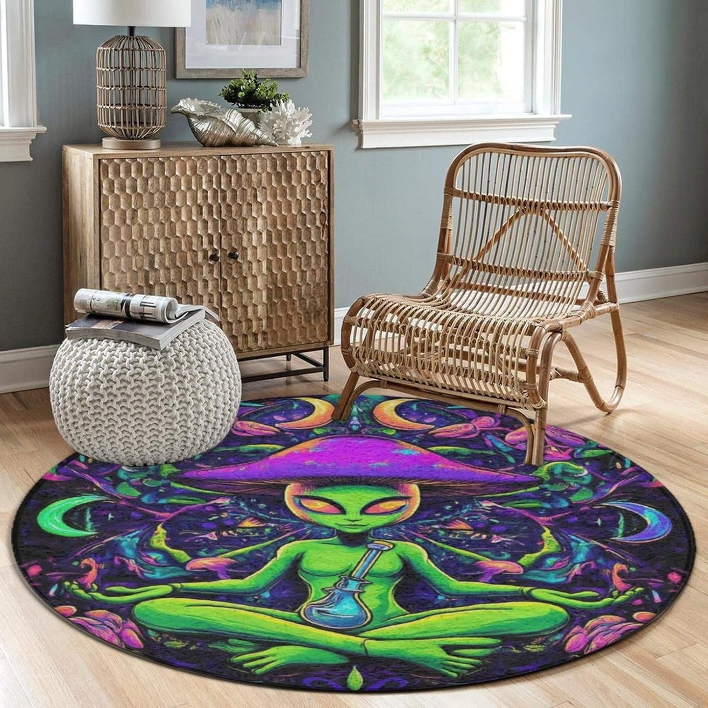 Home Decor Non Slip Kitchen Office Circle Rug, Machine Washable Modern Round Area Rug, Room Sofa Yoga Soft Round Carpet Purple Galaxy Trippy Space Astronaut Art, 36inch