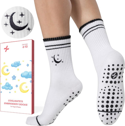 COOLMATE Pilates Socks with Grips for Women, Yoga Socks, Crew Non Slip Women for Barre, Pilates Gifts for Women - Colors A