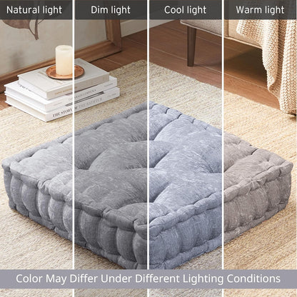 Intelligent Design Large Floor Pillow for Adults Yoga or Meditation Cushion with Handle, Floor Cushion for Board Games, Lustrous Chenille Tufted, Handsewn Scalloped Edge, Azza, 24" x 24" x 5" Yellow