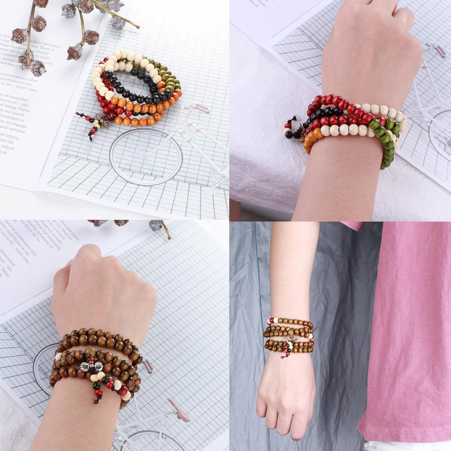 LOYALLOOK 12Pcs 108 Mala Bead Bracelets 8MM Buddhist Prayer Strand Sandalwood Wood Beaded Bracelet Necklace Elastic Handmade Multilayer Tibetan Buddha Link Wrist Bracelets Meditation Necklace Chain