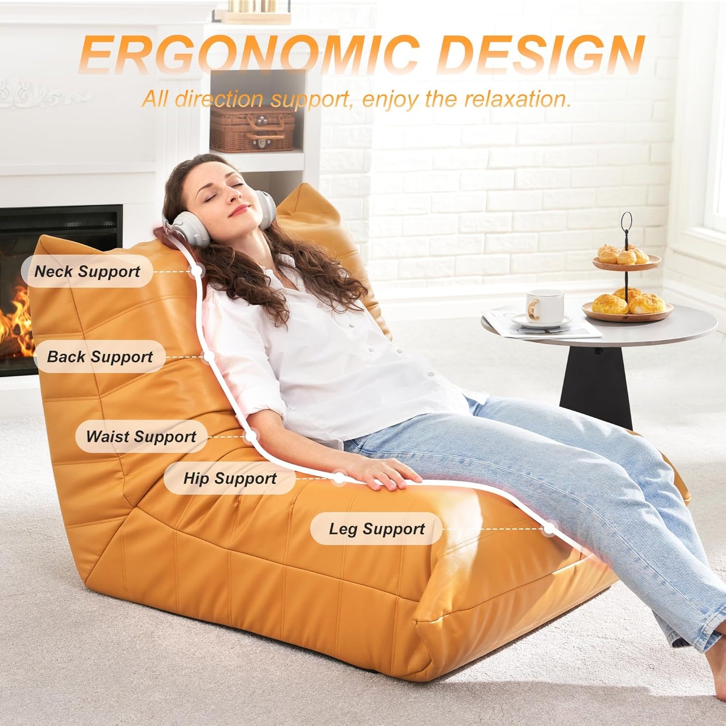 Hobestluk Giant Bean Bag Chair Lazy Floor Sofa, Memory Foam Fireside Sofa for Adults, Big Beanbag Faux Leather Armless Chair for Living Room Bedroom Dorm Office (Brown, Single)