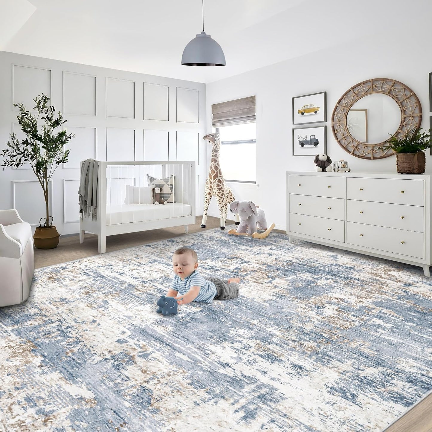XLUEZ 8x10 Area Rugs for Living Room, Washable Modern Abstract Large Area Rug Neutral Soft Non Slip Kids Rug Stain Resistant Indoor Carpet for Bedroom Nursery Dining Children's Room(Blue, 8'x10')