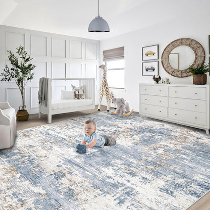 XLUEZ 8x10 Area Rugs for Living Room, Washable Modern Abstract Large Area Rug Neutral Soft Non Slip Kids Rug Stain Resistant Indoor Carpet for Bedroom Nursery Dining Children's Room(Blue, 8'x10')