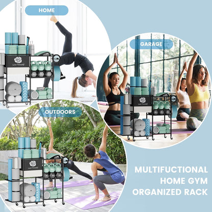 Yoga Mat Storage Rack，Home Gym Storage Rack Gym Workout Equipment Storage Organizer Fitness Weight Rack on Wheels for Yoga Mat,Yoga Block,Foam Roller,Resistance Band,Dumbbell,Kettlebell and Other Workout Accessories