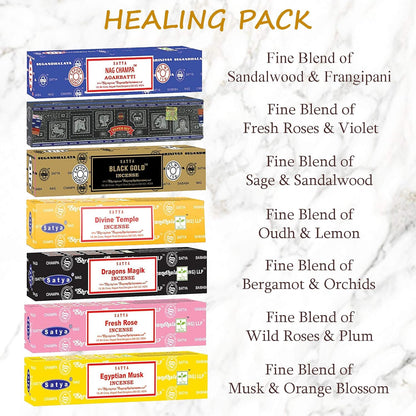 Satya Incense Gift Set Nag Champa, Super hit, Dragon's Blood, Sandalwood, Patchouli, Lavender, Positive Vibes, 15 g