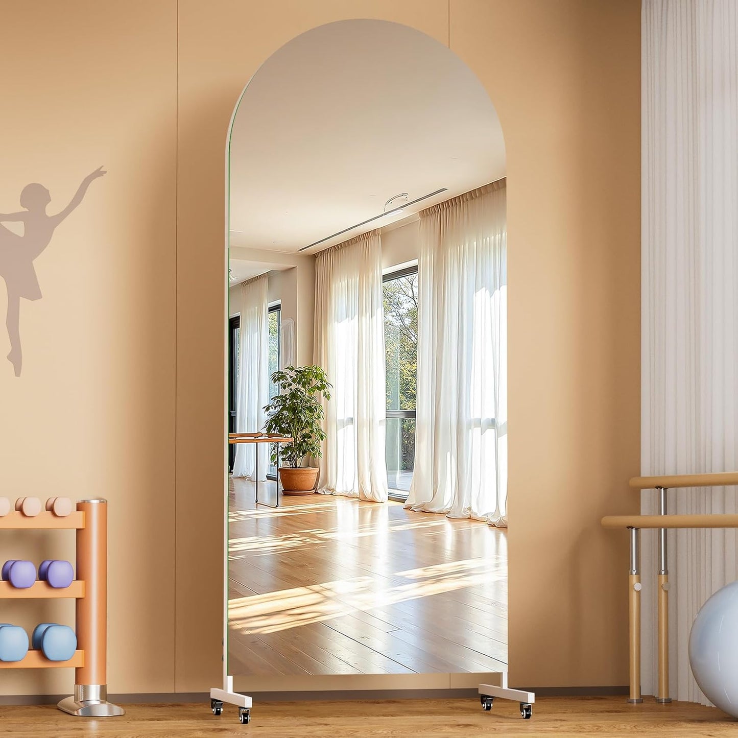 Hasipu 71" x 28" Arched Rolling Home Gym Mirror with Wheels, 360° Swivel Body Mirror with HD Tempered Glass, Large Floor Mirror for Yoga Room, Dance Studio, Bedroom & Home Gym