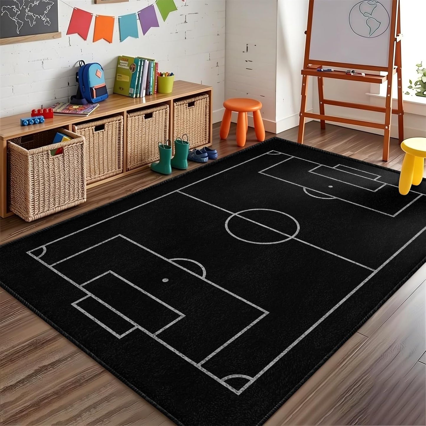 Sports Field Area Rug,5x7ft, Soccer Field Chalked Blackboard Football Stadium Board Painted Non-Slip Soft Carpet Floor Mat Indoor Living Room Bedroom Rugs Yoga Mat Home Decor
