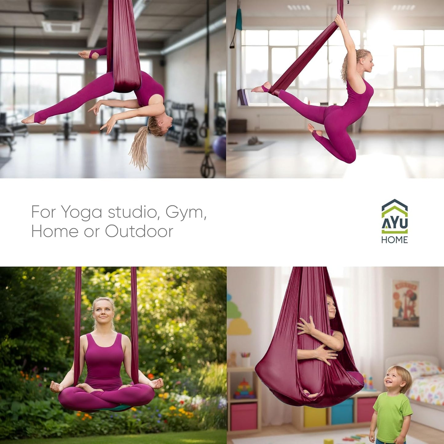 AyuHome Aerial Silks Kit for Home - Premium Yoga Swing for Kids and Adults with 660 lbs Capacity - Versatile Aerial Yoga Hammock for Gymnastics Training