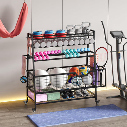 Dual-Sided Dumbbell Rack with Hooks & Wheels, Adjustable Home Gym Storage Rack for Dumbbells, Kettlebells, Balls, Yoga Mats, Ab Roller, Weight Rack Organizer for Workout Equipment