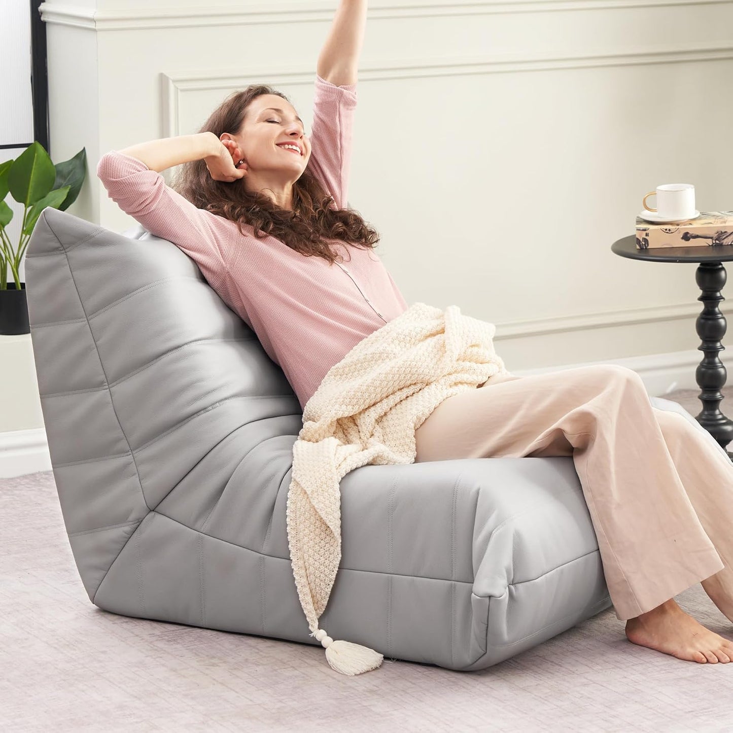 Hobestluk Giant Bean Bag Chair Lazy Floor Sofa, Memory Foam Fireside Sofa for Adults, Big Beanbag Faux Leather Armless Chair for Living Room Bedroom Dorm Office (Brown, Single)
