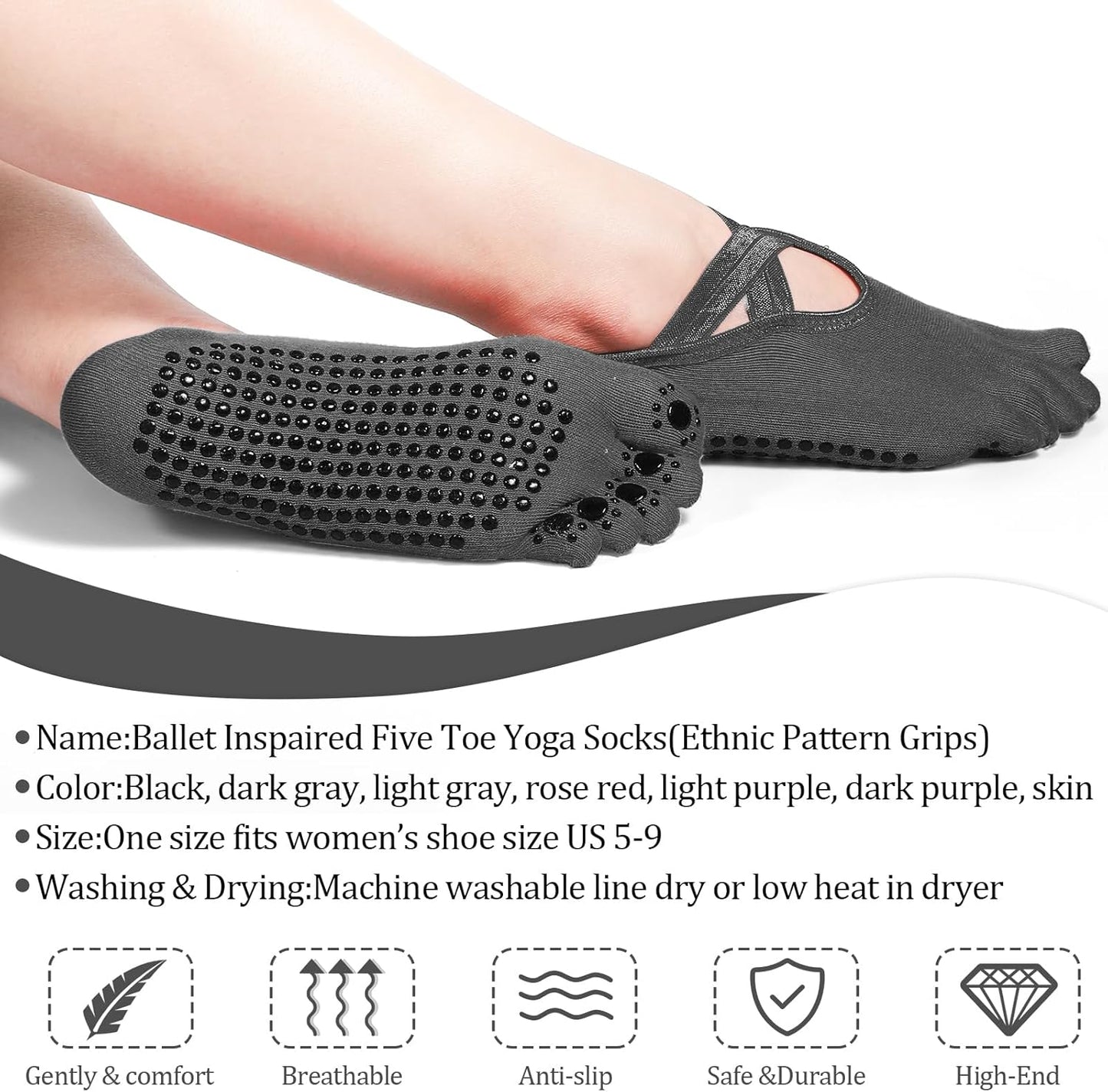 SATINIOR 7 Pairs Yoga Toe Socks with Grip Women Non Slip Sticky Full Toe Socks for Pilates, Ballet, Dance, Barefoot (Multi Colors)