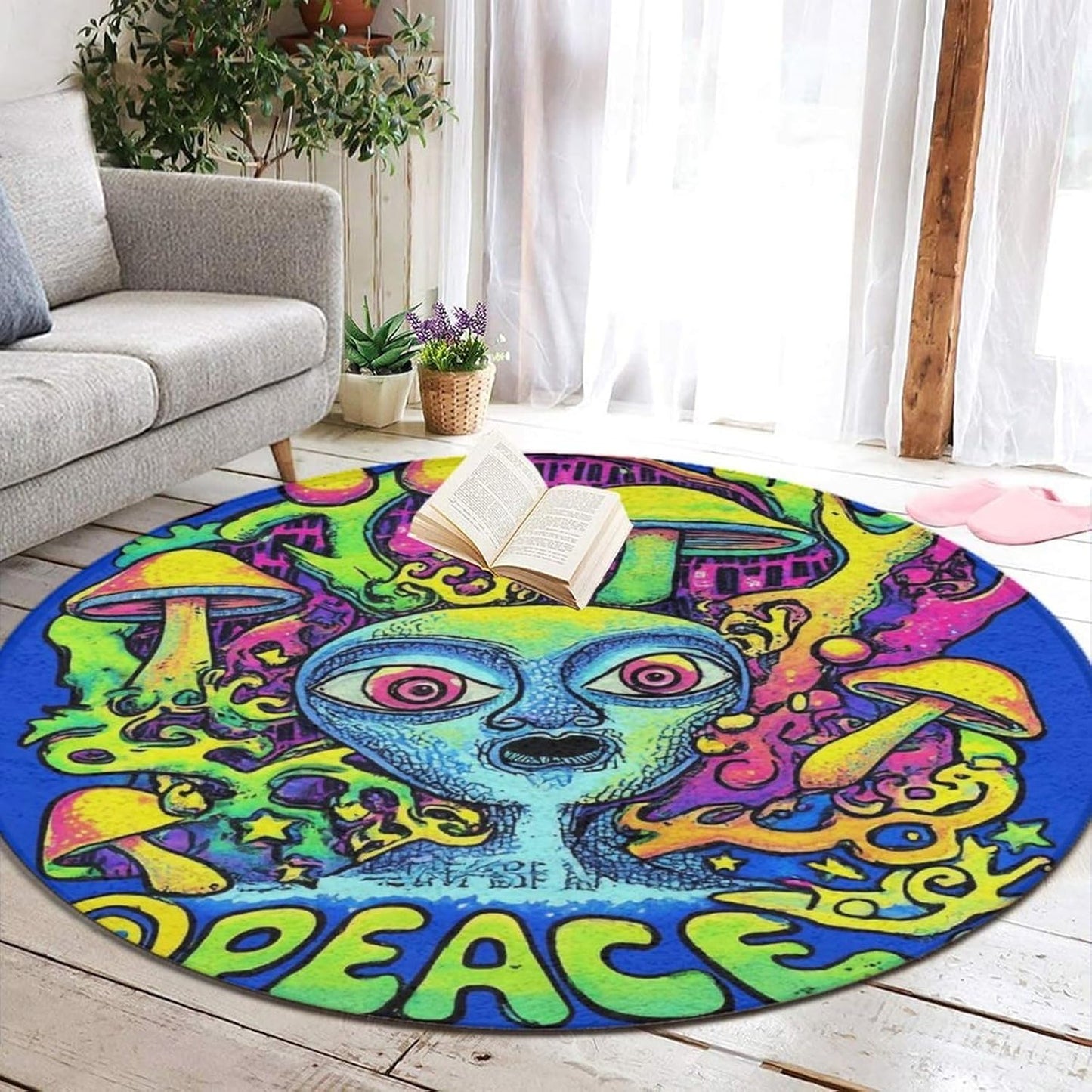 Machine Washable Modern Round Area Rug, Room Sofa Yoga Soft Round Carpet, Home Decor Non Slip Kitchen Office Circle Rug Trippy Rainbow Mushroom Tie Dye Art, 60inch