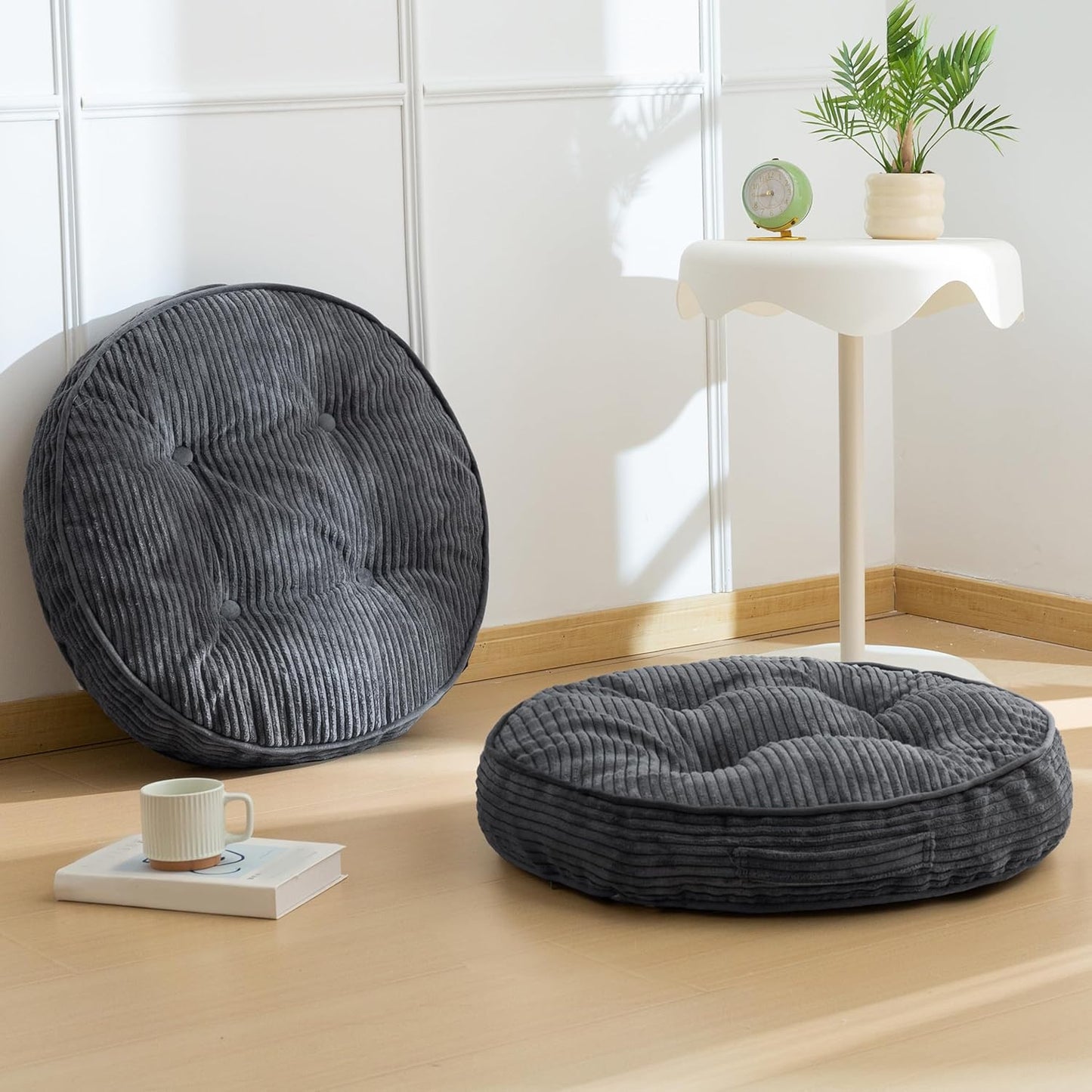 HIGOGOGO Floor Pillow Cushion for Adults, Meditation Cushion Pillow, Large Square Floor Sitting, Tufted Corduroy Cover, for Tatami Living Room or Yoga, 22x22 Inch, Dark Grey