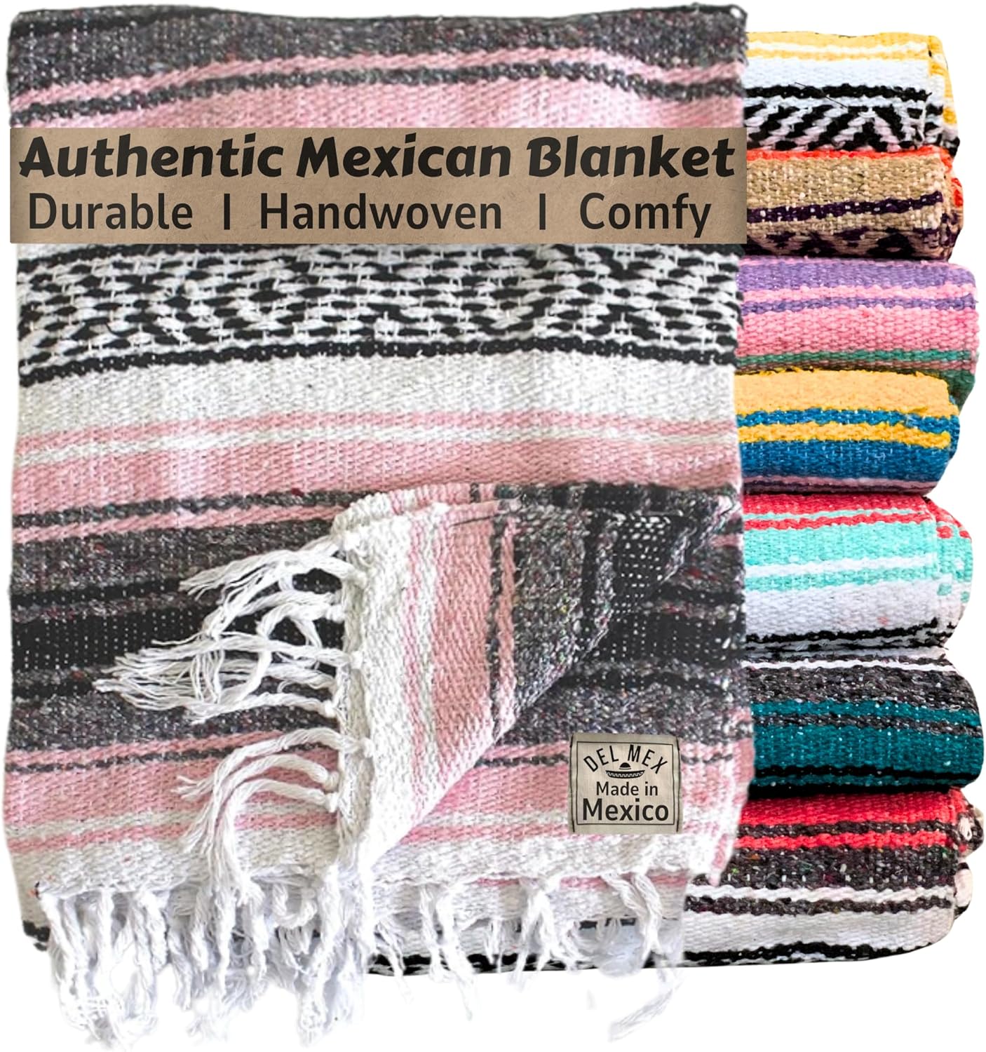 Del Mex Classic Mexican Blanket, Large Authentic Woven Falsa Throw (70"x50"), Artisan Southwest Décor for Beach, Yoga, Outdoors (Lavender)
