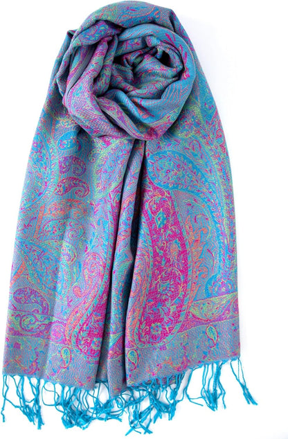 Achillea Reversible Paisley Pashmina Rave Scarf – Exotic Indian Shawls and Wraps for Evening Dresses, Festivals, All Seasons - Colors B
