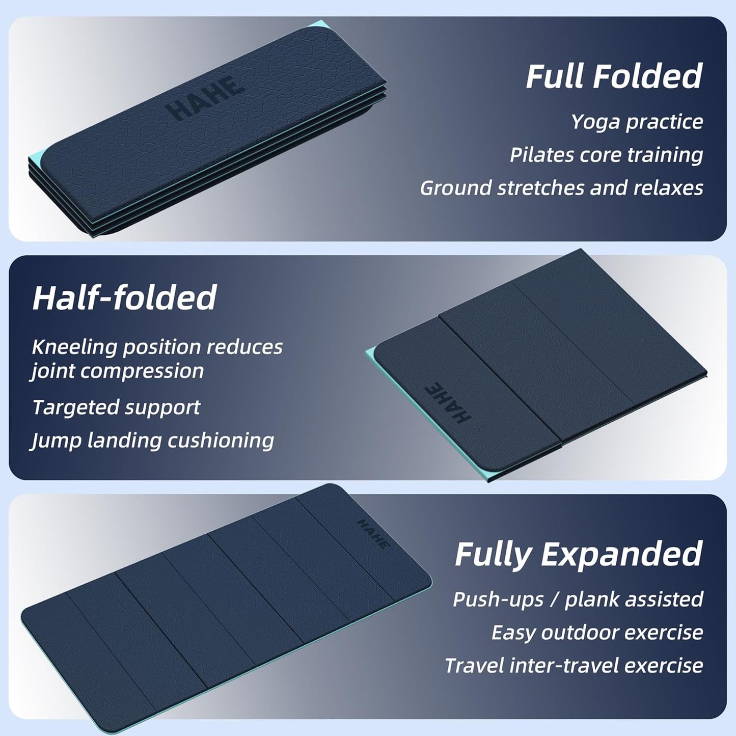 HAHE Foldable Yoga Exercise Mat, 74"Lx32"Wx1/3"Thick, TPE Multi-purpose Workout Mats with Non-slip Surface, Portable for Yoga/Pilates/Studio/Home Gym