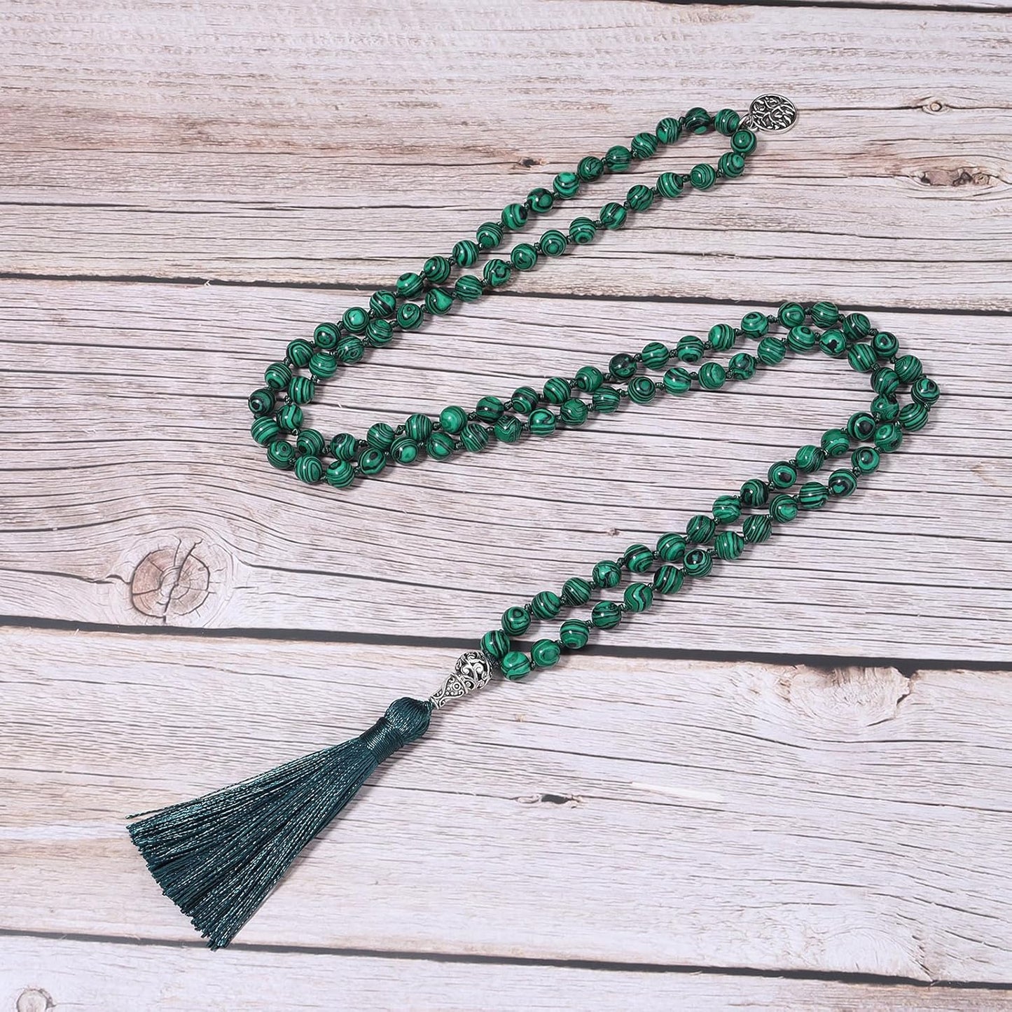 108 Mala Beads Necklace Semi-Precious Gem Stones Meditation Necklace 108 Hand Knotted Japa Mala Beaded Tassel Necklace with Tree of Life Pendant