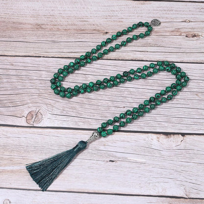 108 Mala Beads Necklace Semi-Precious Gem Stones Meditation Necklace 108 Hand Knotted Japa Mala Beaded Tassel Necklace with Tree of Life Pendant