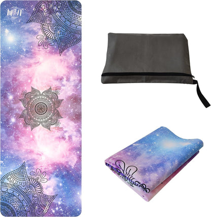 U&M 72'' x 27'' Travel Yoga Mat 1.5mm Thick - Foldable Non-Slip Natural Rubber Base & Suede Mat, Sweat-resistant Antibacterial Light Yoga Mat Material Cover for Women Men, Suitable for Beach Pilates Fitness