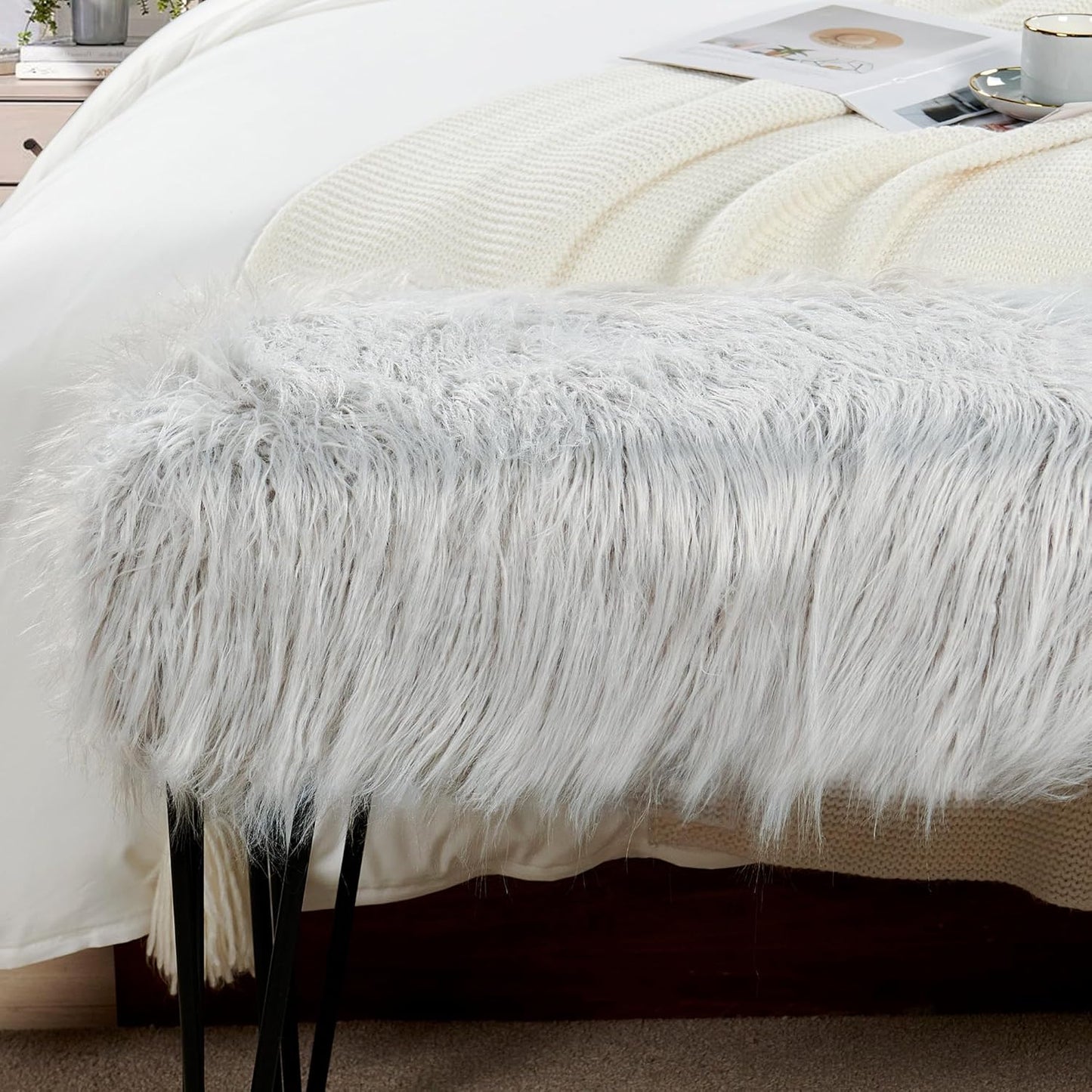 Home Soft Things Green Mongolian Faux Fur Ottoman, Desert Sage, 19'' x 13'' x 17'', Cozy Plush Fluffy Ottoman Foot Rest Stool for Living Room Bedroom Entryway Makeup Bench End of Bed Home Décor