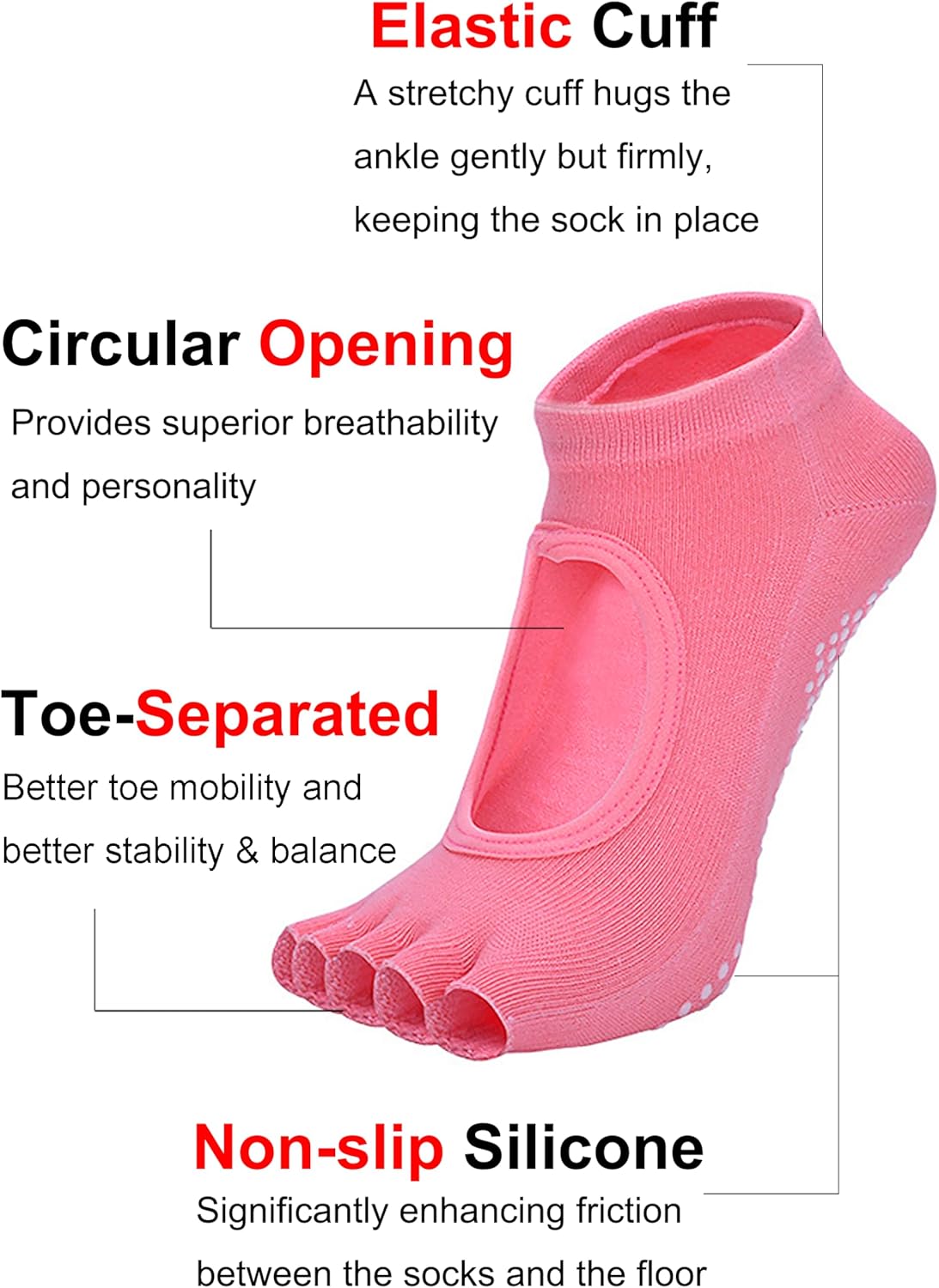 1/2 Pairs Pilates Socks with Grips for Women Non Slip Yoga Barre Grippy Gripper Socks Woman Toe Socks Size 5.5-8.5